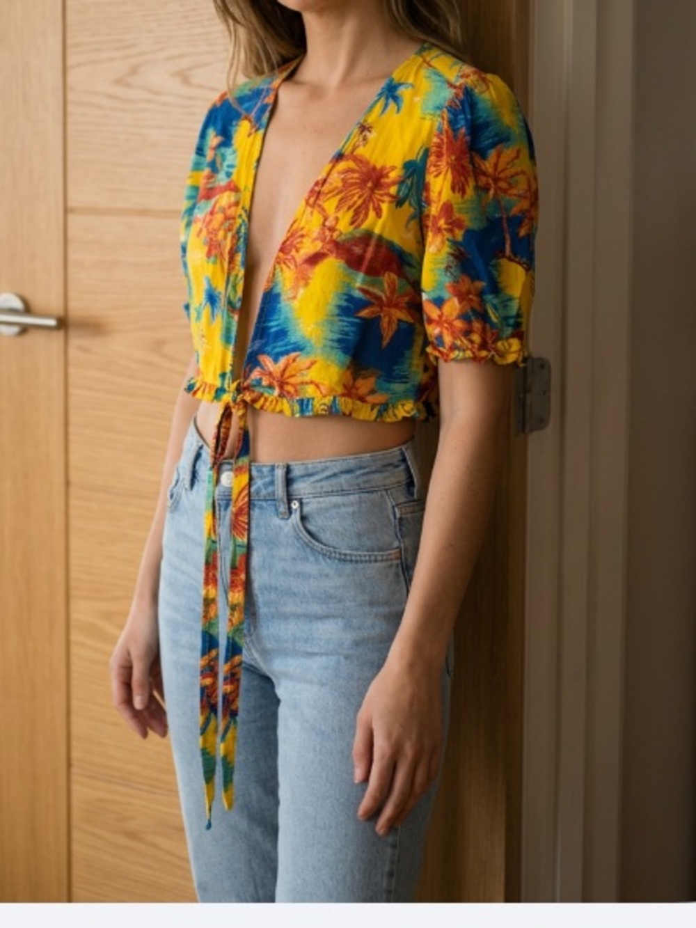 Zara Bright Yellow Tropical Tie-Front Crop Top Sz M Women